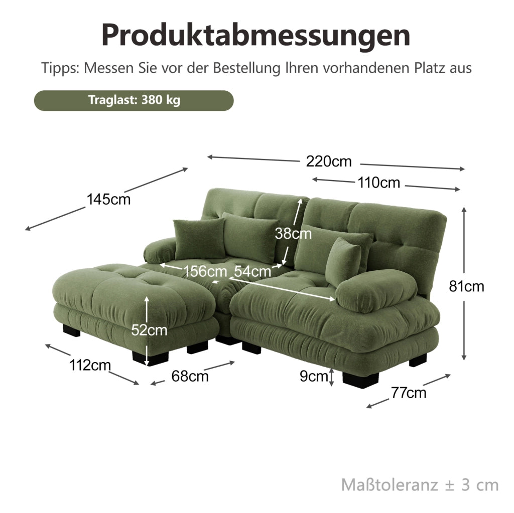 Divano Angolare Cloud in Chenille Verde con 2 Cuscini Lombari e 2 Cuscini Decorativi, Braccioli Imbottiti e Ottoman Movibile