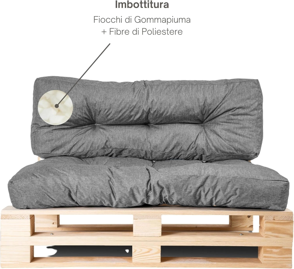 Cuscini per Pallet - Tessuto Idrorepellente e Anti-UV - Molto Confortevole, Imbottito in Schiuma - Cuscini per Divano Esterno Giardino (Seduta 120x80 cm + Schienale 120x40 cm, Grigio)