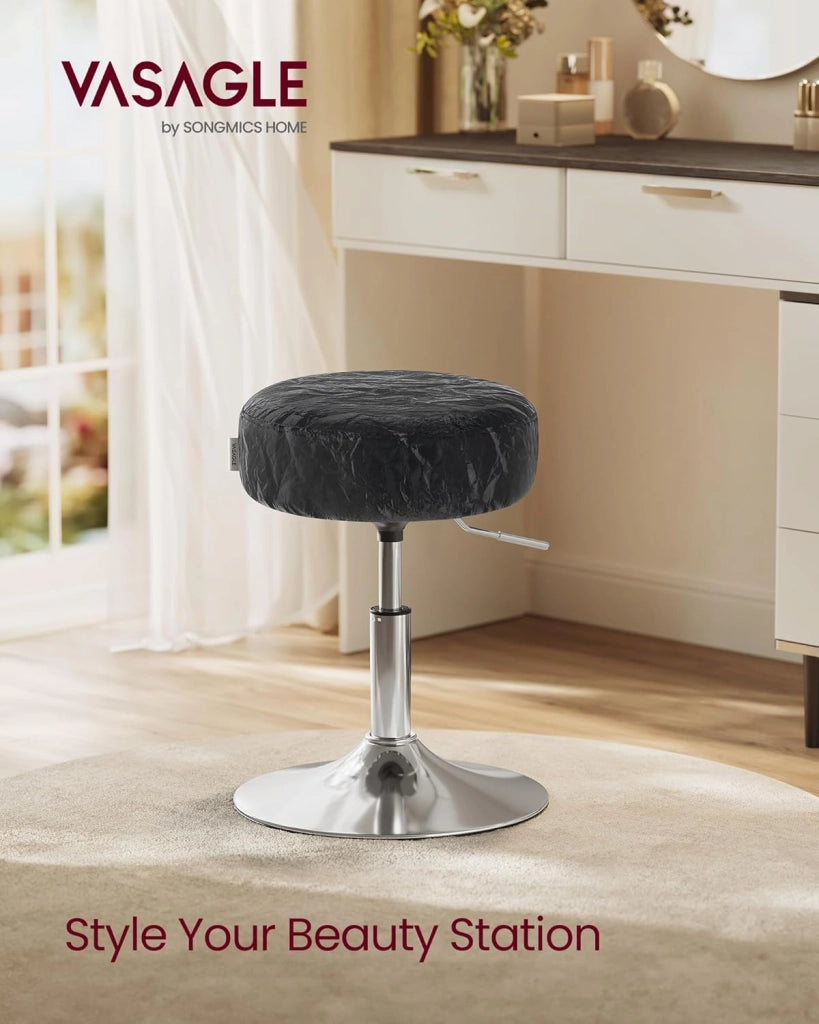 VASAGLE Sgabello da Trucco, Sedia per Toeletta, Regolabile in Altezza, Girevole a 360°, in PU, Seduta Spessa, per Camera da Letto Cucina Sala da Pranzo, Moderno, Nero Inchiostro LJB120B01