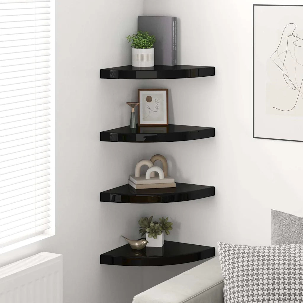 4 pz Scaffali Angolari a Parete | Mensola sospesa Nero Lucido 35x35x3,8 cm MDF