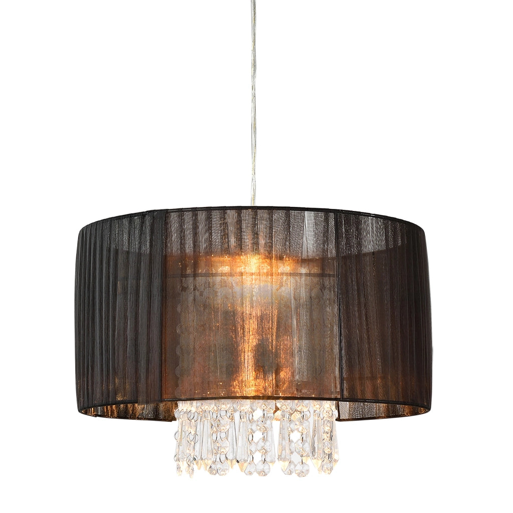 Lampada a Sospensione con Paralume Cilindrico in Tessuto Nero Traslucido e Cristalli Artificiali Lampadario (AxØ) 18 x 35 cm con Illuminazione Mista - lux.pro