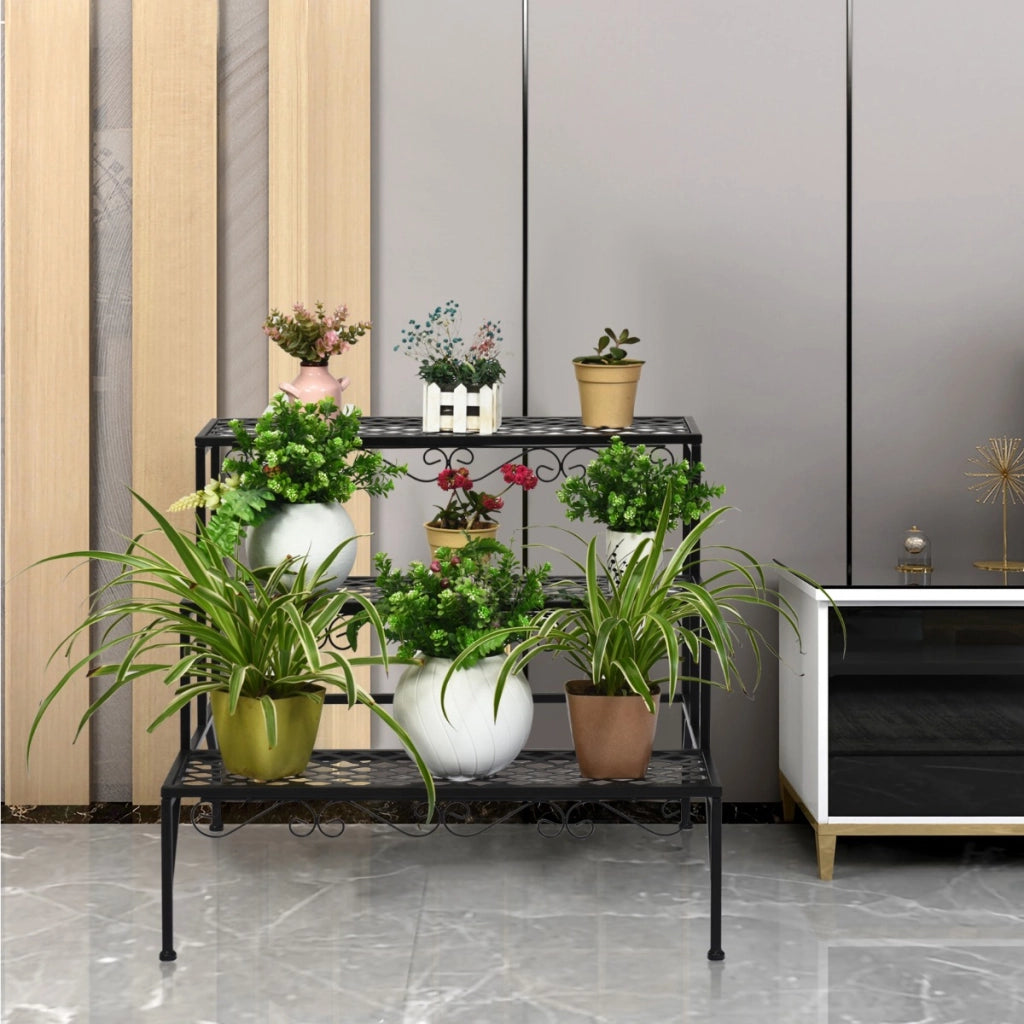 Scaffale espositivo di metallo con 3 livelli per piante per interno ed esterno, Organizer per fiori e piante Nero
