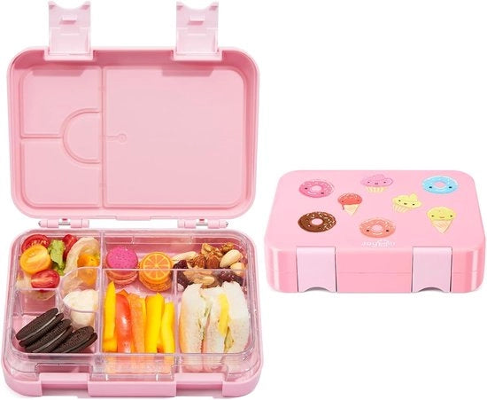 Lunchbox per bambini, contenitore per pasti senza liquidi a 4-6 sezioni per contenitore per pasti BPA-free per adulti, bambini piccoli, asili nido, ufficio scolastico (M-rosa donut)
