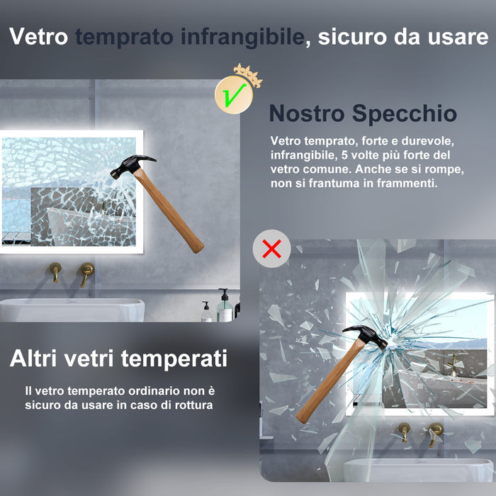 Specchio da bagno Rettangolare con 80x60cm,3 colori,Memoria, Antifog,Regorabile,Retroilluminato,doppio interruttore,