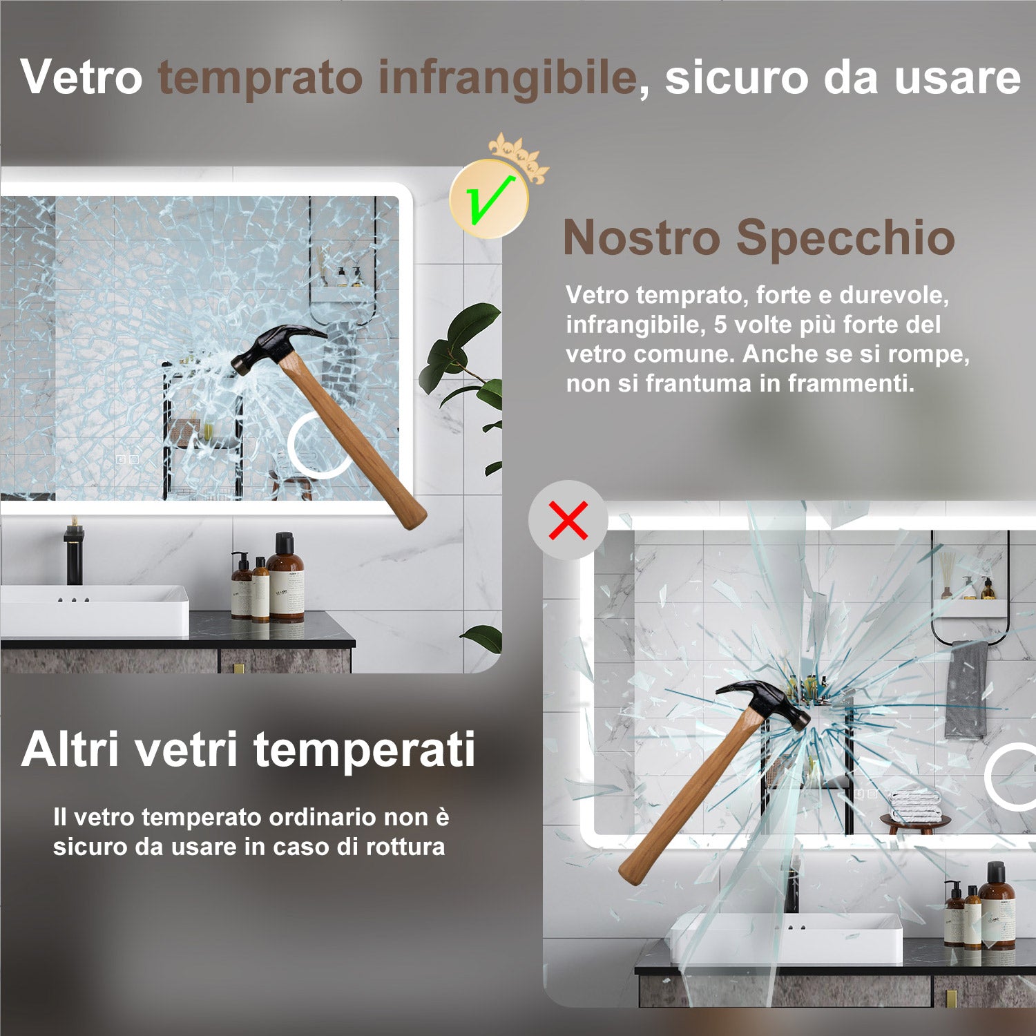 AICA Specchio da bagno  100 x 60 cm, dimmerabile, Blue tooth, Funzione Memoria, antiappannamento, 3 colori, Magnificatore