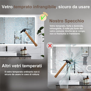 AICA Specchio da bagno  100 x 60 cm, dimmerabile, Blue tooth, Funzione Memoria, antiappannamento, 3 colori, Magnificatore