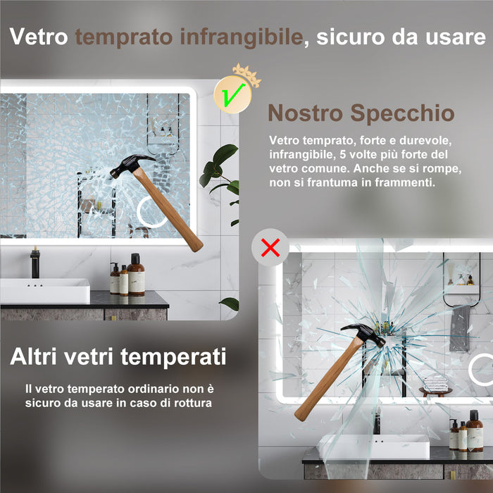 AICA Specchio da bagno  100 x 60 cm, dimmerabile, Blue tooth, Funzione Memoria, antiappannamento, 3 colori, Magnificatore