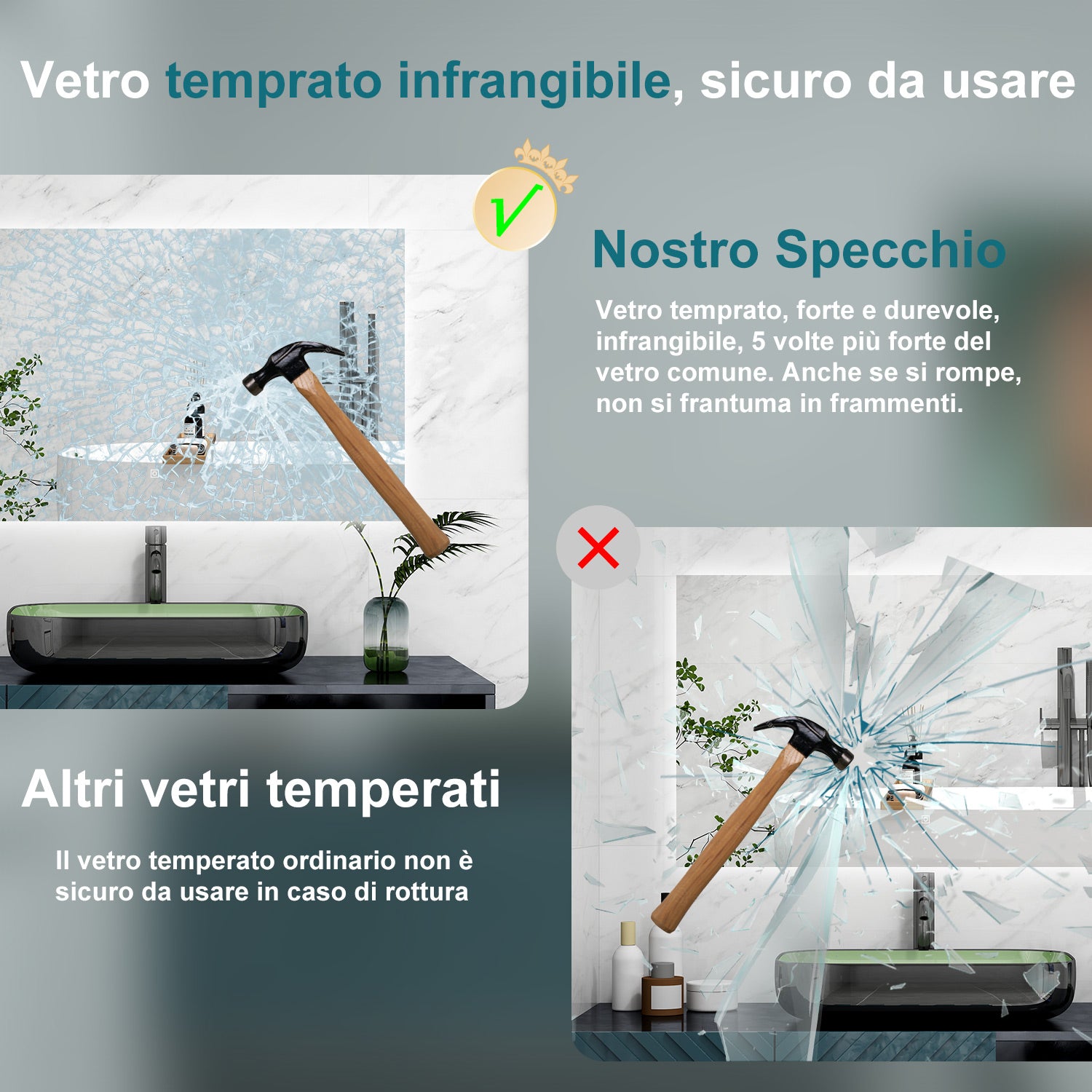 AICA Specchio da bagno 100 x 60 cm, antiappannamento, Regorabile, interruttore touch, Funzione Memoria