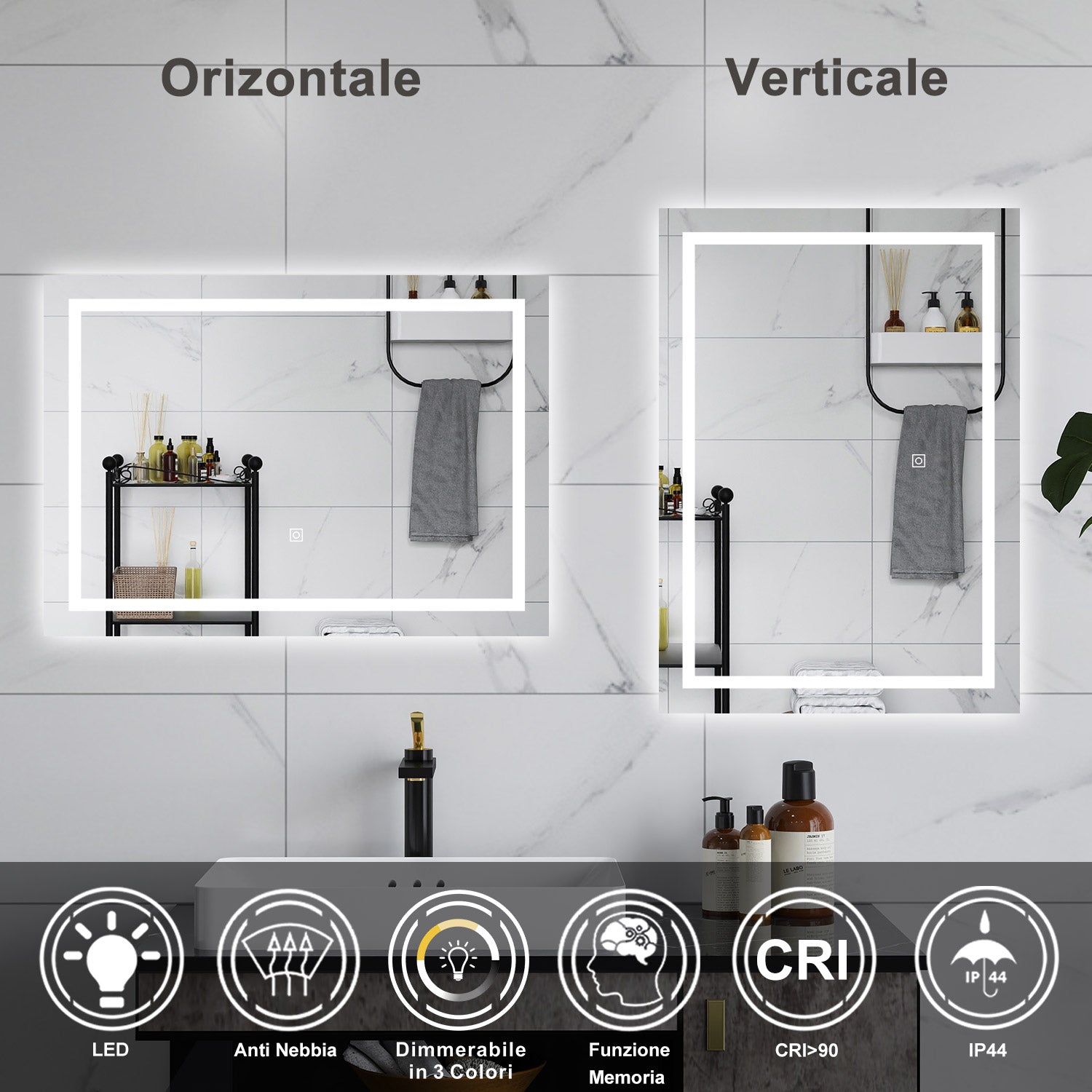 AICA Specchio da bagno  80 x 120 cm, dimmerabile, interruttore touch, Funzione Memoria, antiappannamento, 3 colori