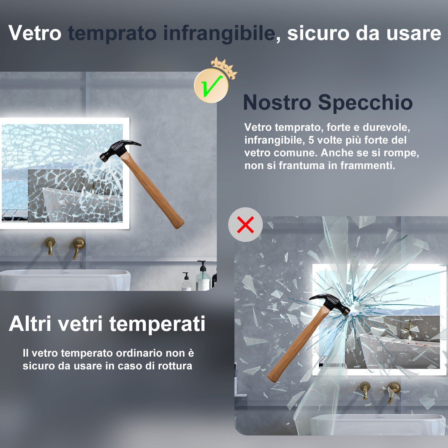 Specchio da bagno Rettangolare con 90x70cm,3 colori,Memoria, Antifog,Regorabile,Retroilluminato,doppio interruttore,