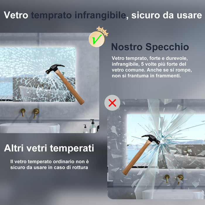 Specchio da bagno Rettangolare con 100x60cm,Memoria, Antifog,Regorabile,Retroilluminato,doppio interruttore,