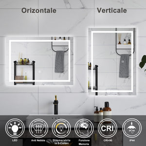 AICA Specchio da bagno  80 x 150 cm, dimmerabile, interruttore touch, Funzione Memoria, antiappannamento, 3 colori