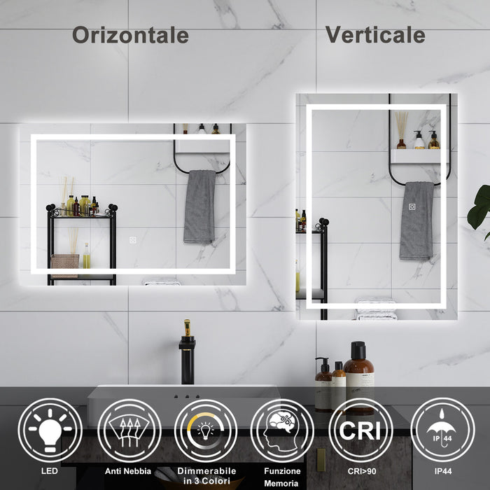 AICA Specchio da bagno  80 x 150 cm, dimmerabile, interruttore touch, Funzione Memoria, antiappannamento, 3 colori
