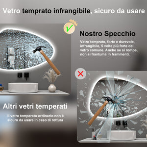 AICA Specchio da bagno 120 x 80 cm, dimmerabile, Funzione Memoria, antiappannamento, 3 colori