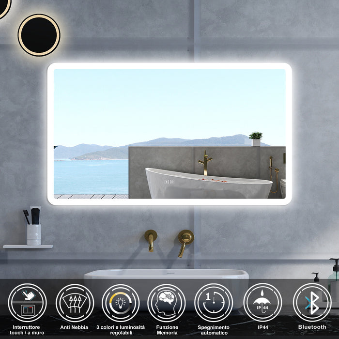 Specchio da bagno Rettangolare con 120x70cm,Blue tooth,3 colori,Memoria, Antifog,Regorabile,Retroilluminato,doppio interruttore,