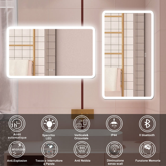 AICA Specchio da bagno  70 x 120 cm, dimmerabile, Blue tooth, Funzione Memoria, antiappannamento, 3 colori