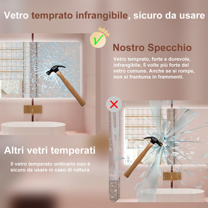 AICA Specchio da bagno 120 x 70 cm, antiappannamento, dimmerabile, interruttore touch, Funzione Memoria