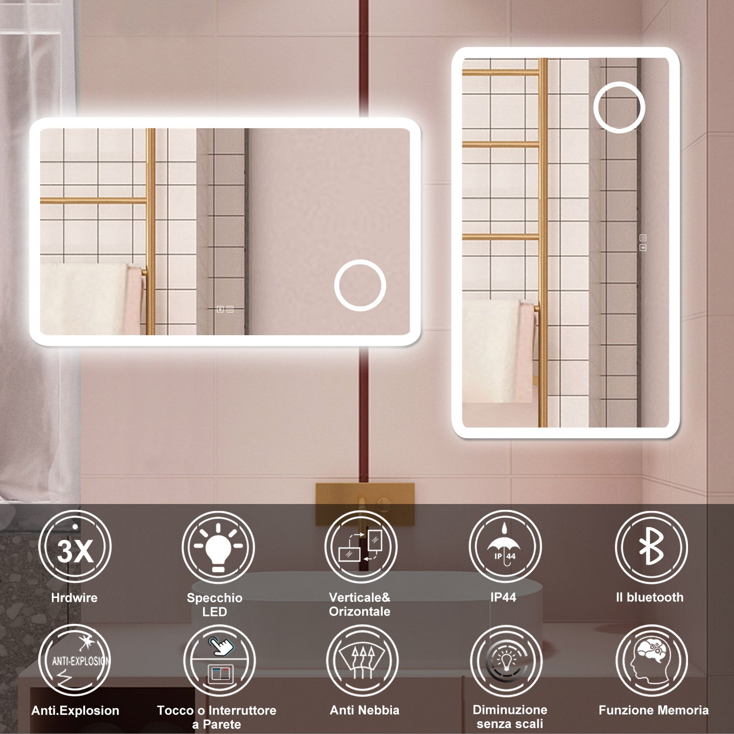 AICA Specchio da bagno  100 x 60 cm, dimmerabile, Blue tooth, Funzione Memoria, antiappannamento, 3 colori, Magnificatore
