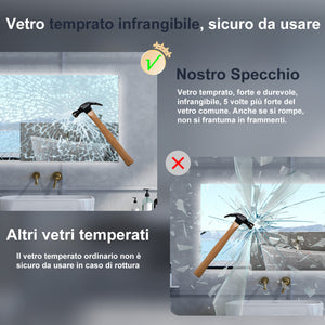 Specchio da bagno Rettangolare con 100x60cm,3 colori,Memoria, Antifog,Regorabile,Retroilluminato,doppio interruttore,