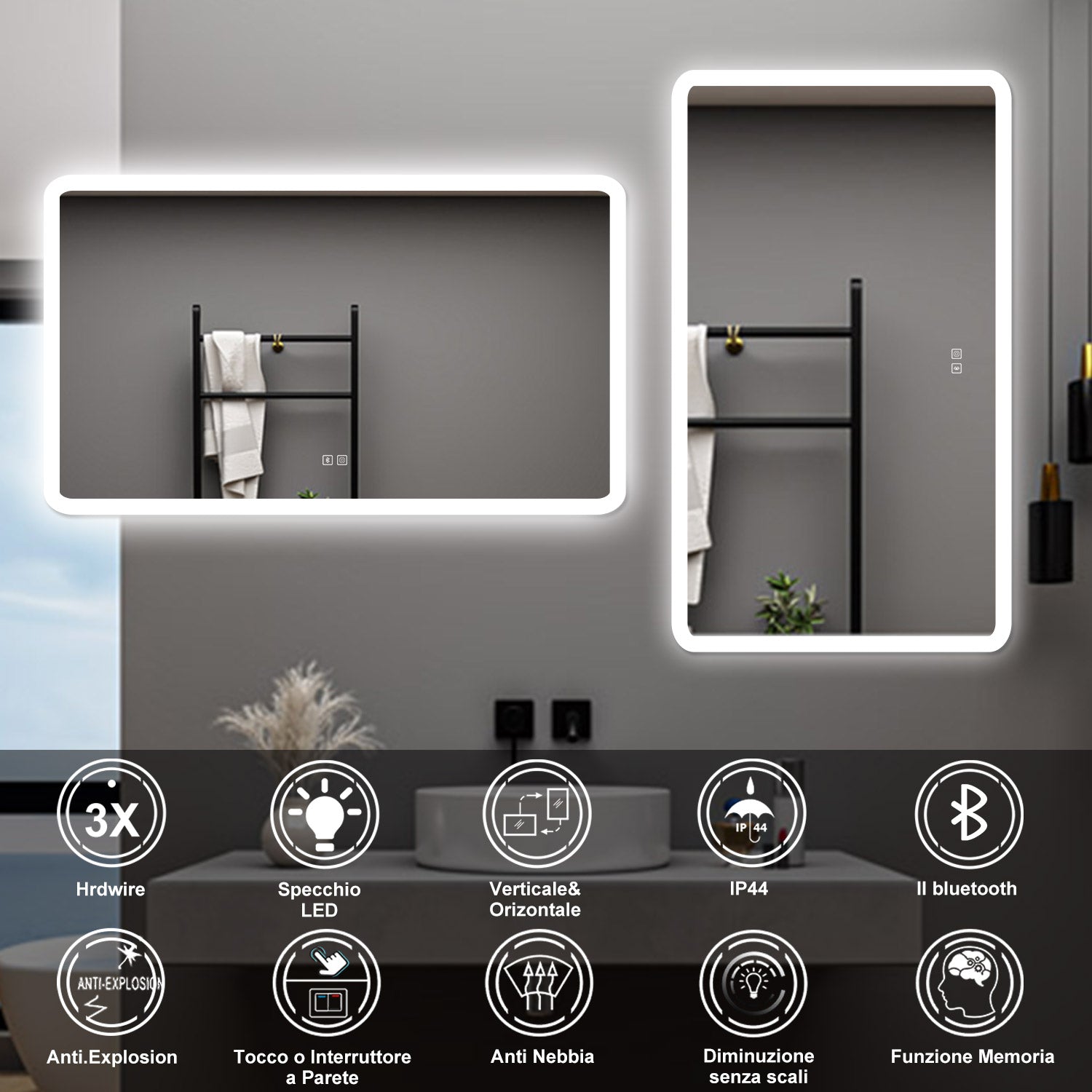 AICA Specchio da bagno  70 x 120 cm, dimmerabile, Blue tooth, Funzione Memoria, antiappannamento, 3 colori