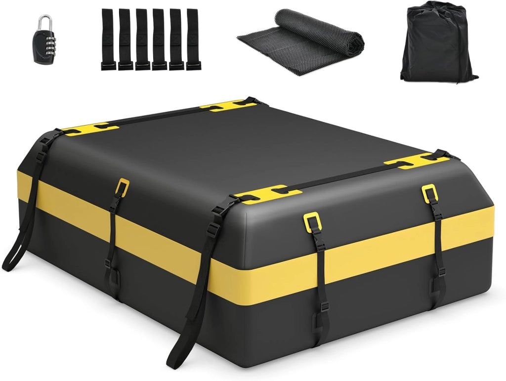 Box Tetto Auto 600 Litri, Portapacchi Auto Tetto 100 X 130 X 44 CM, Impermeabile con Tappetino Antiscivolo e Borsa per il Trasporto, Porta Bagagli Universale per Auto, SUV (Nero+Giallo-600L)
