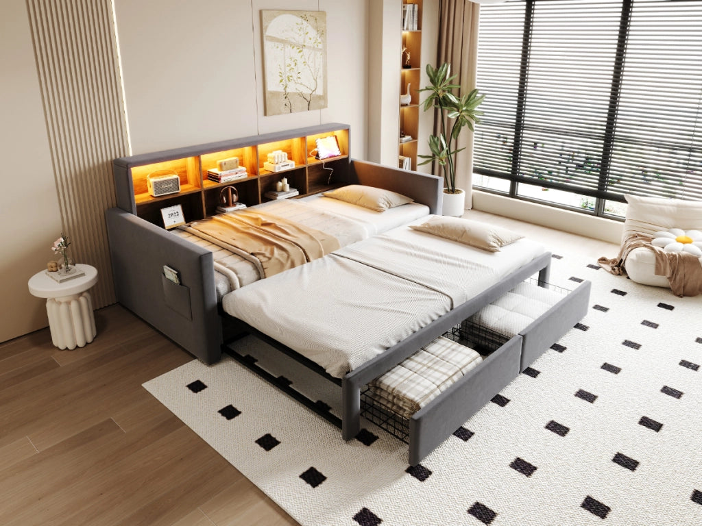DESMIU Divano letto 90 × 190 cm 2 posti con vani nel testiera, LED, USB, Type-C, senza materasso, grigio
