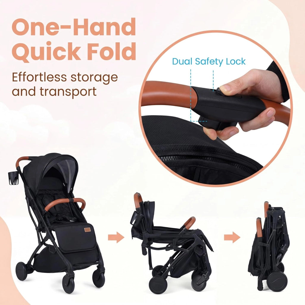 Passeggino Leggero per Bambini e Neonati, Passeggino Pieghevole e Portatile con Ruote, Schienale Regolabile, Tettuccio, Cintura di Sicurezza, Cesto e Copertura Antipioggia (Nero)