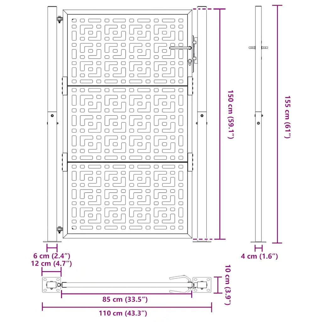 Cancello da giardino nero 100x150 cm in acciaio con design a croce 4101001