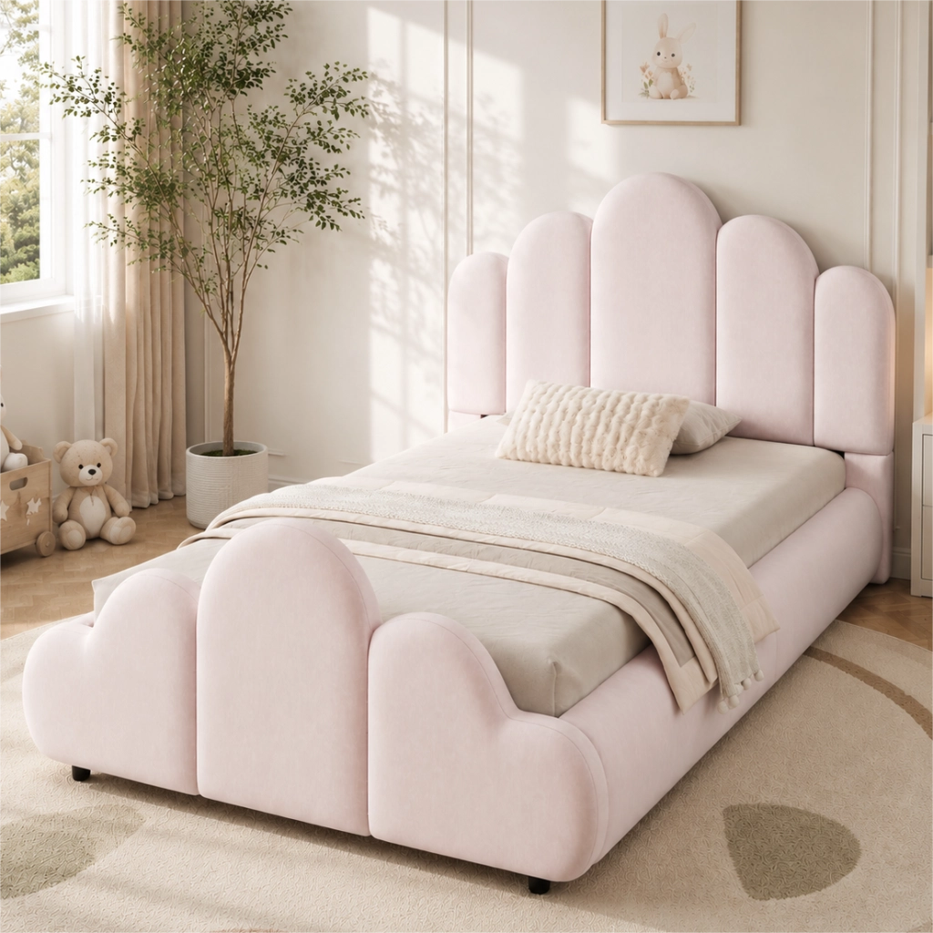 LETTO per bambini 90x200 cm in velluto rosa, struttura imbottita