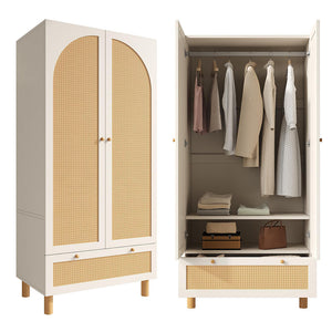 Armadio guardaroba 2 ante con vimini - Xylo - stile cottage, grande cassetto, ripiani regolabili, bianco, 180x85x52 cm