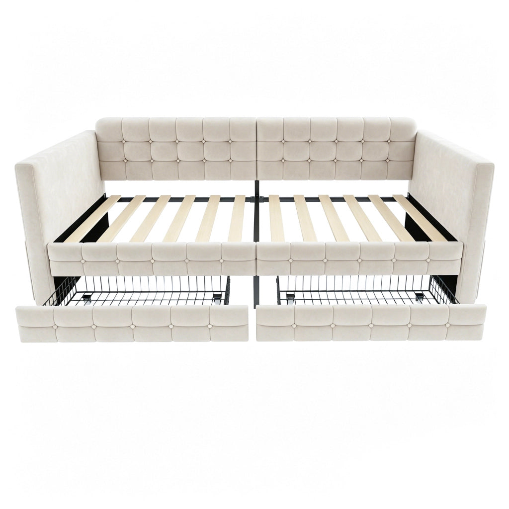Letto panchina imbottito con 2 cassetti e tasche laterali LEMONMAX; 90x190 cm; sommier a doghe; velluto; beige