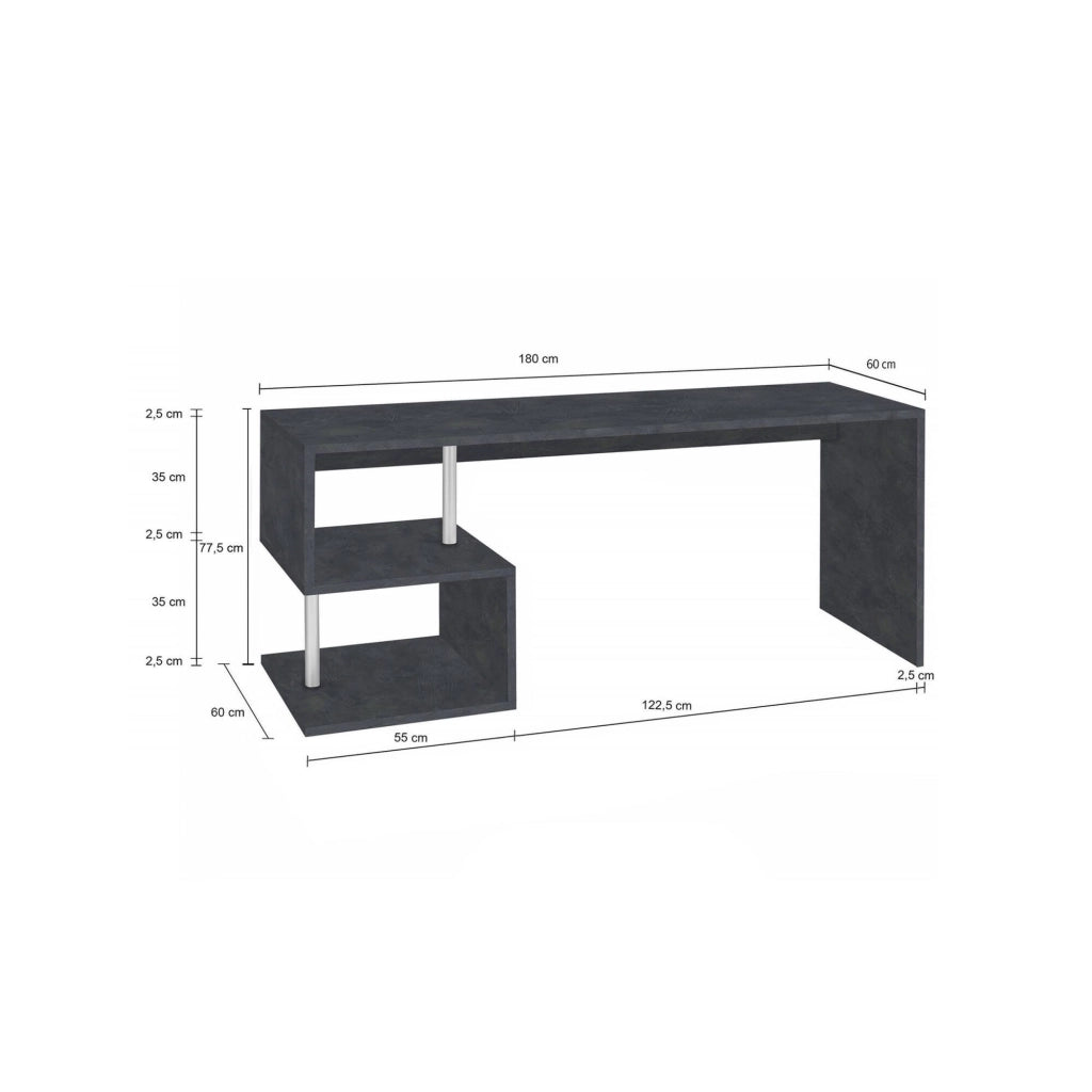 Poseidone, Scrivania 2 Ripiani Made in Italy, 180x60x78h cm Grigio Ardesia
