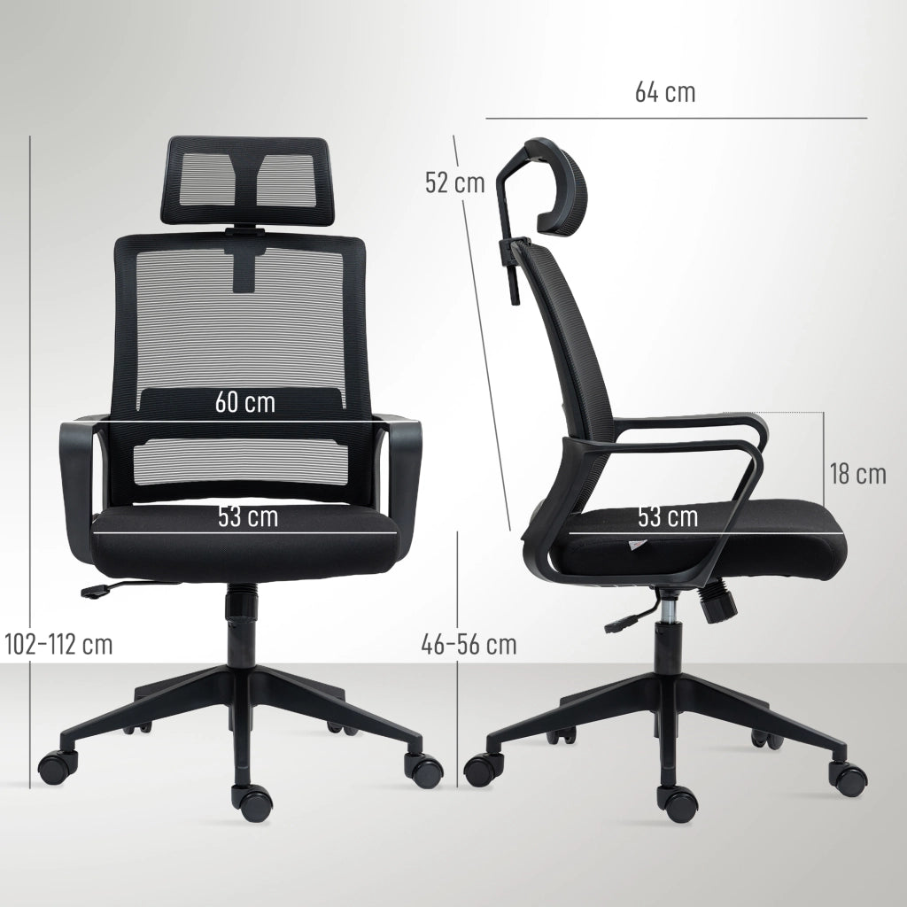 Sedia da ufficio ergonomica in mesh con poggiatesta regolabile, braccioli e funzione d'oscillazione nera