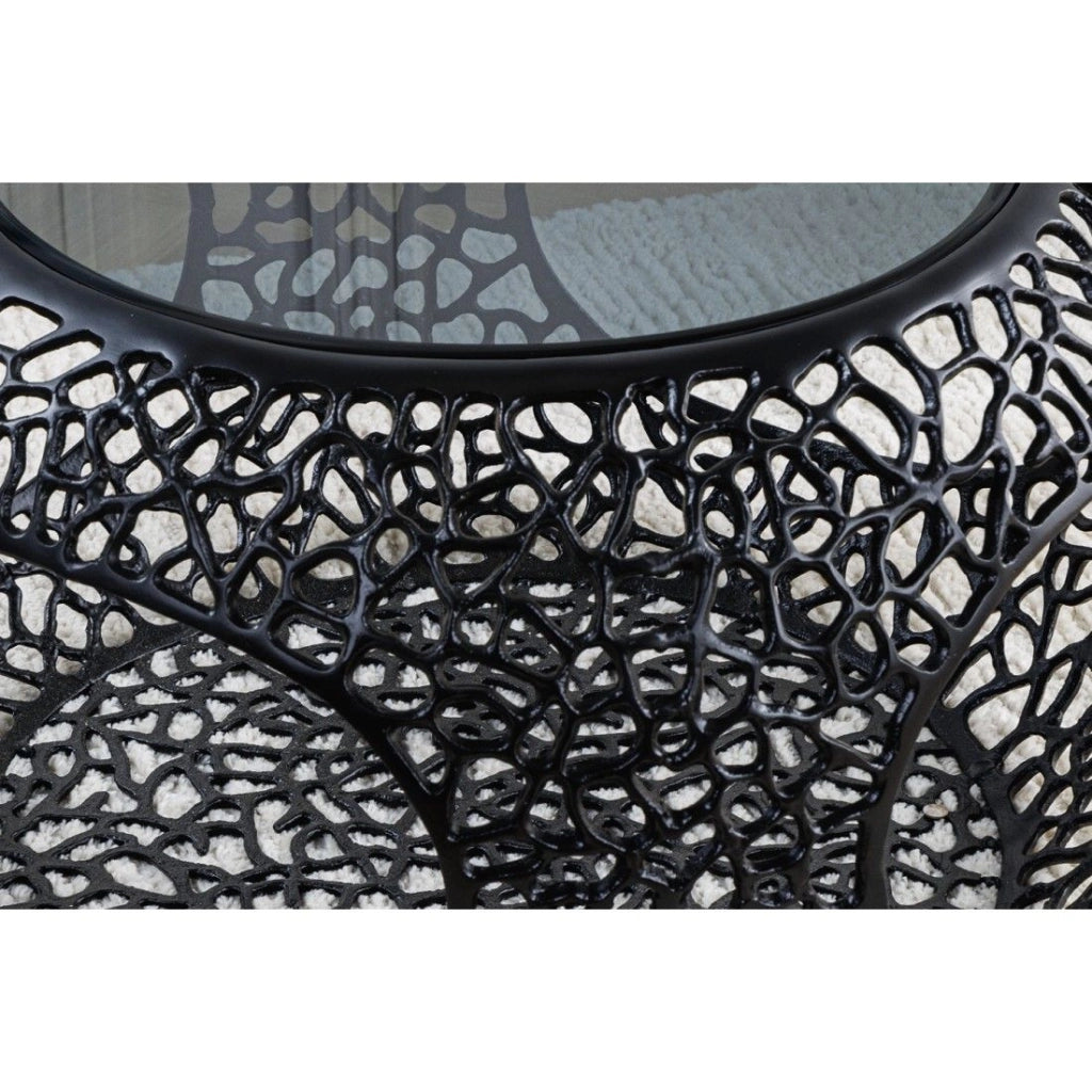 Tavolino METRIX rotondo 74 cm nero con piano in vetro temperato – Tavolino design con nicchie aperte