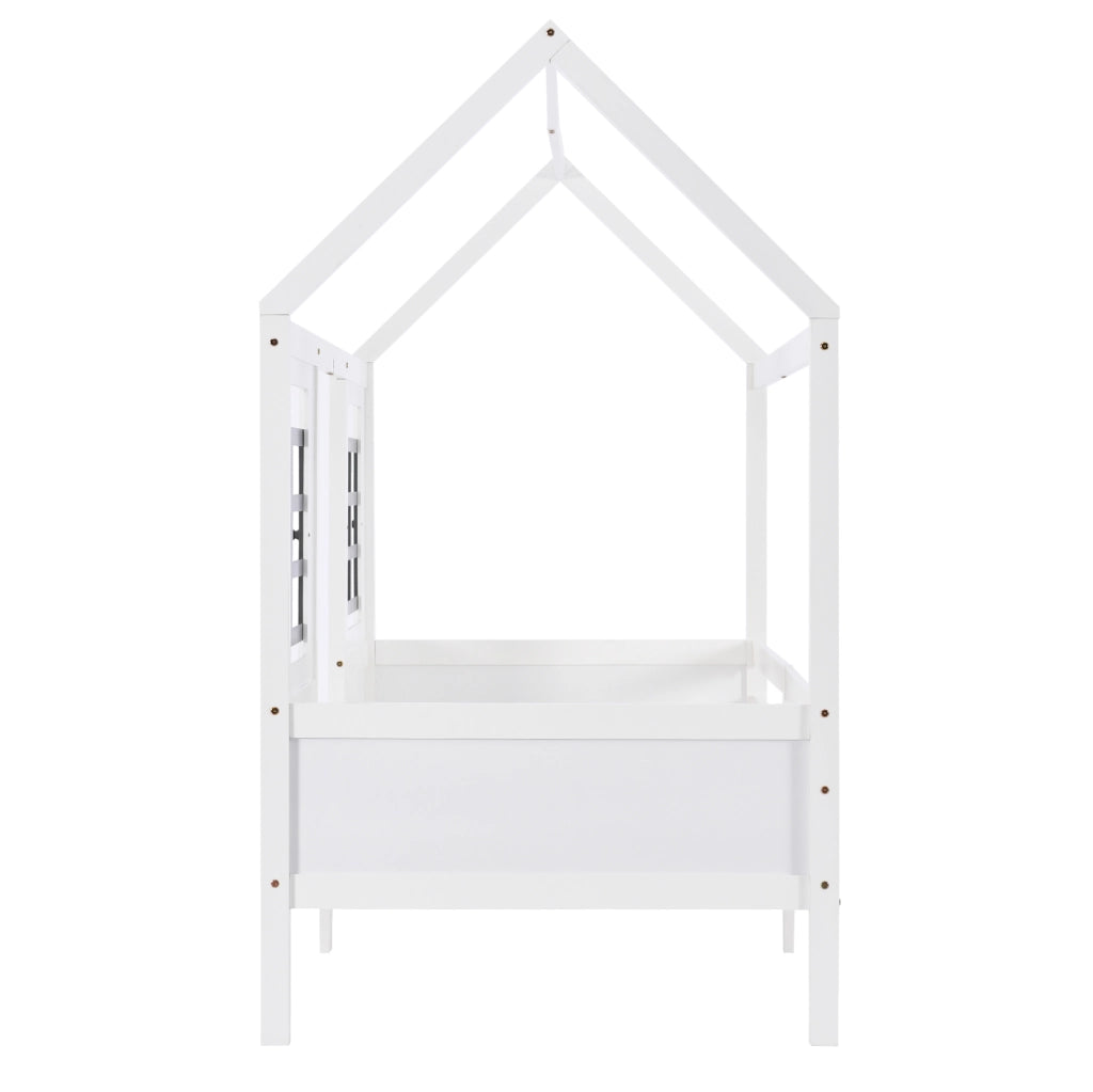 Letto a casetta con finestre e 2 cassetti 207x97x174 cm; struttura robusta in legno; bianco