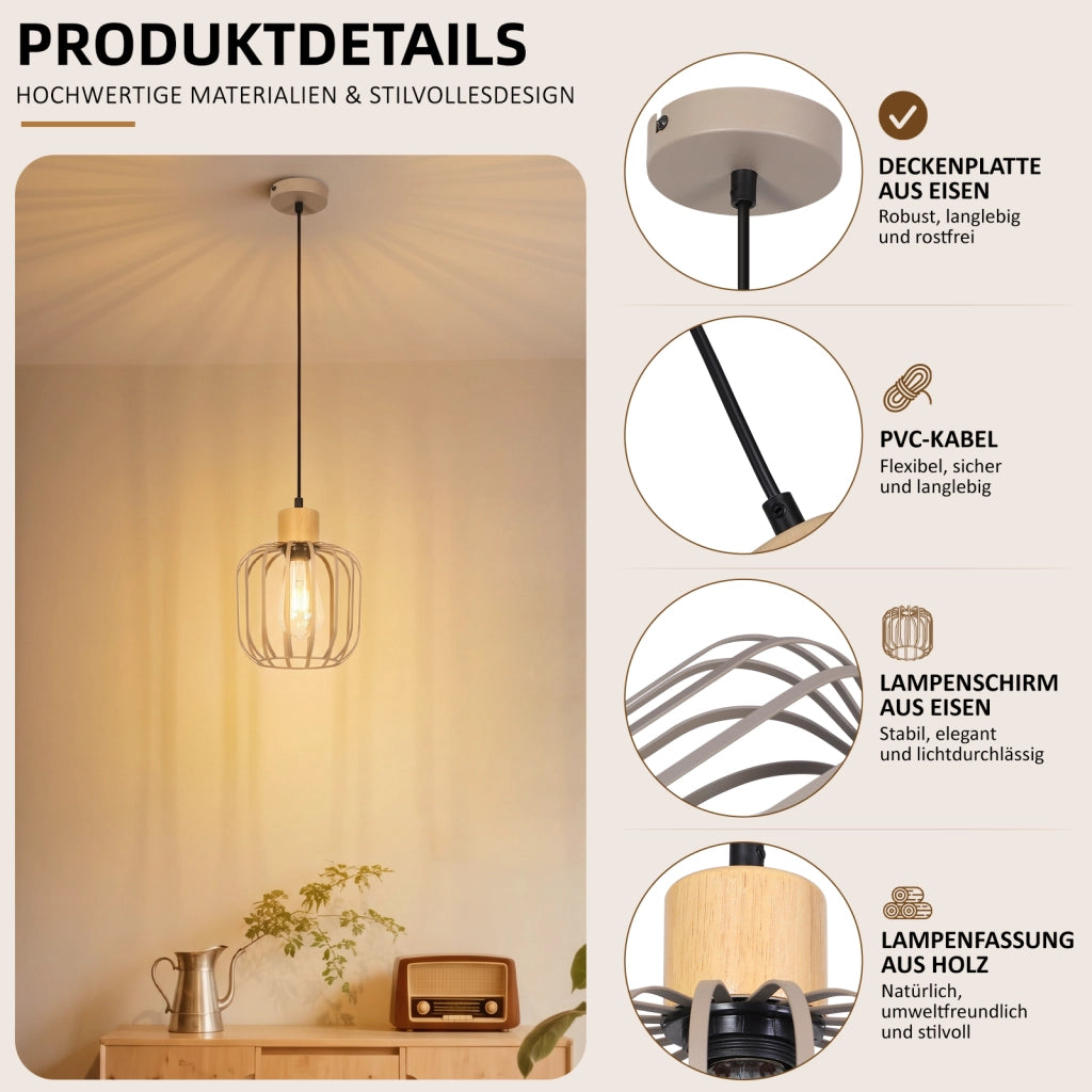 ZMH Lampada a Sospensione 1 Luce Legno Grigio E27 Moderna per Soggiorno Cucina Isola Corridoio Senza Lampadina
