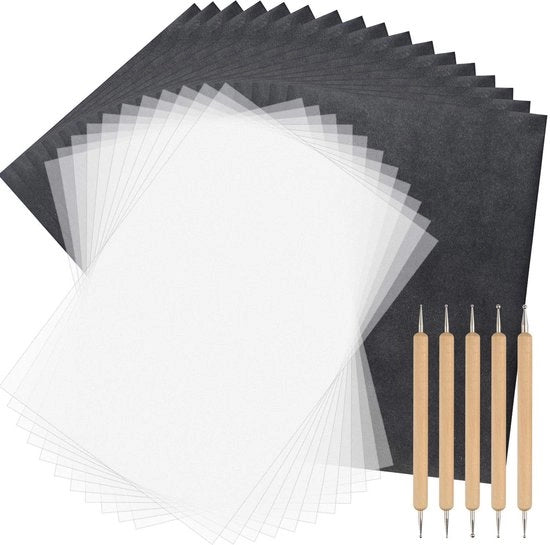 Pacco di carta carbonio 100 fogli nero - Pacco di carta per calco 50 fogli bianco - Set di pennarelli 5 pezzi - Set di pennelli per incisione 1/2/3 mm - Per disegnare su legno/progetti artistici - Carta per trasferimento