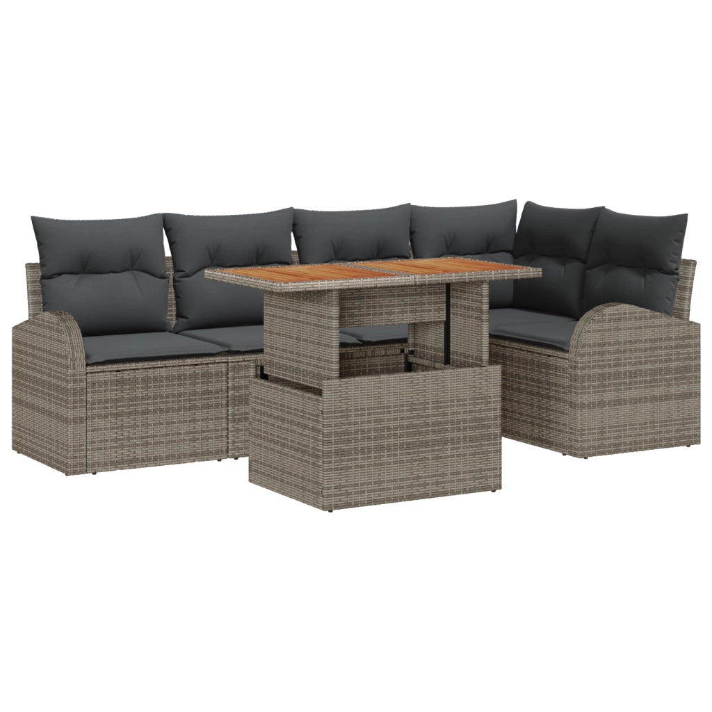 Set da Pranzo da Giardino di 6 Pezzi con Cuscini Grigio in Polyrattan e Acacia