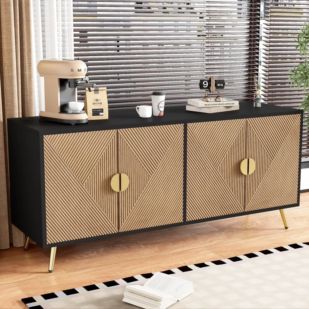 OKWISH Madia con 4 Ante e Cerniere con Chiusura Ammortizzata per Soggiorno o Sala da Pranzo, MDF e Truciolare, Nero e Legno, 160 x 40 x 75 cm