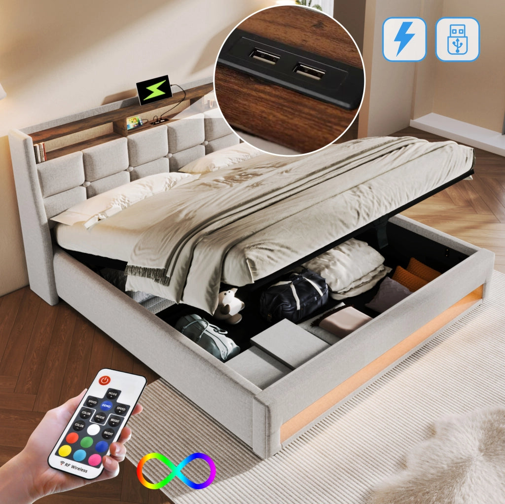 Letto matrimoniale imbottito 140x200 cm in lino beige con LED e USB; stile vintage