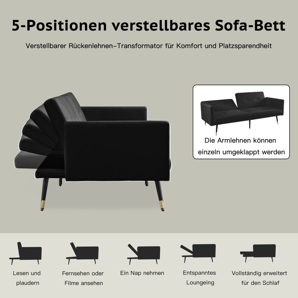 Divano letto 2 posti con schienale regolabile in velluto nero 164 × 89 × 70 cm