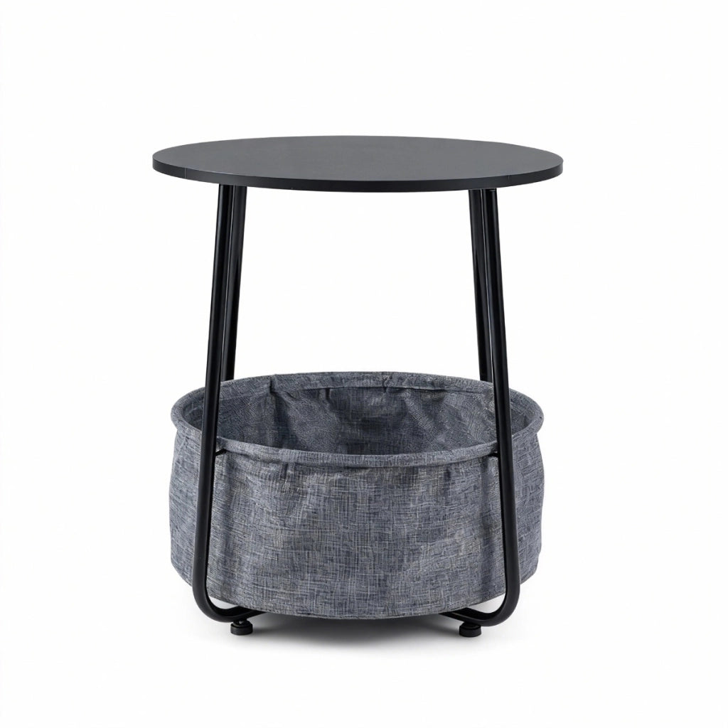 Tavolino rotondo a 2 livelli con cesta in tessuto comodino moderno con struttura in metallo, Tavolino da letto Nero-Comodini