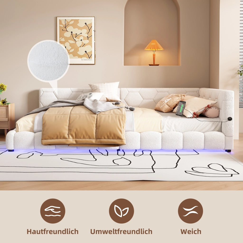 LETTO Giorno 140x200 cm con illuminazione LED, USB e Type-C, Bianco