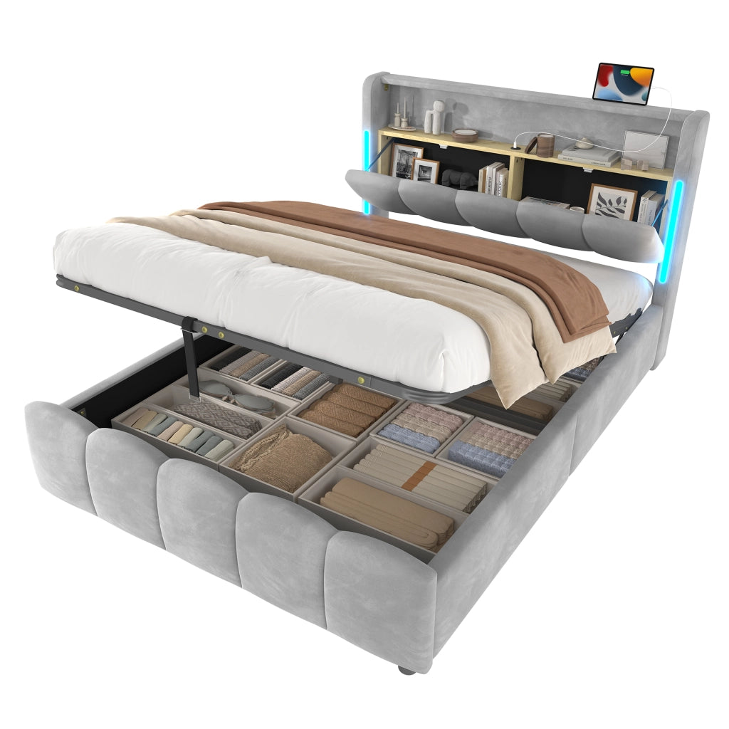 Letti contenitori 140x200 cm; con luci LED e vano contenitore; velluto; grigio (Senza materasso)