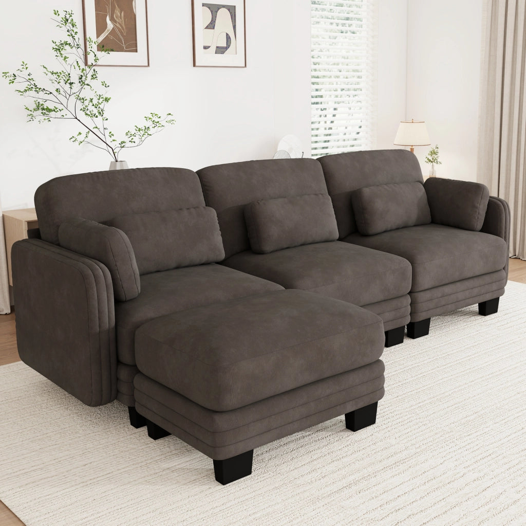 Divano modulare in ciniglia marrone con pouf separato e cuscini mobili