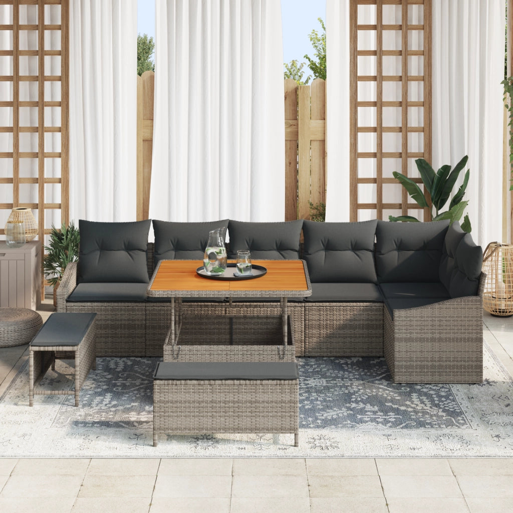 Set Divano da Giardino 9 Pezzi con Cuscini Grigio Polyrattan Acacia