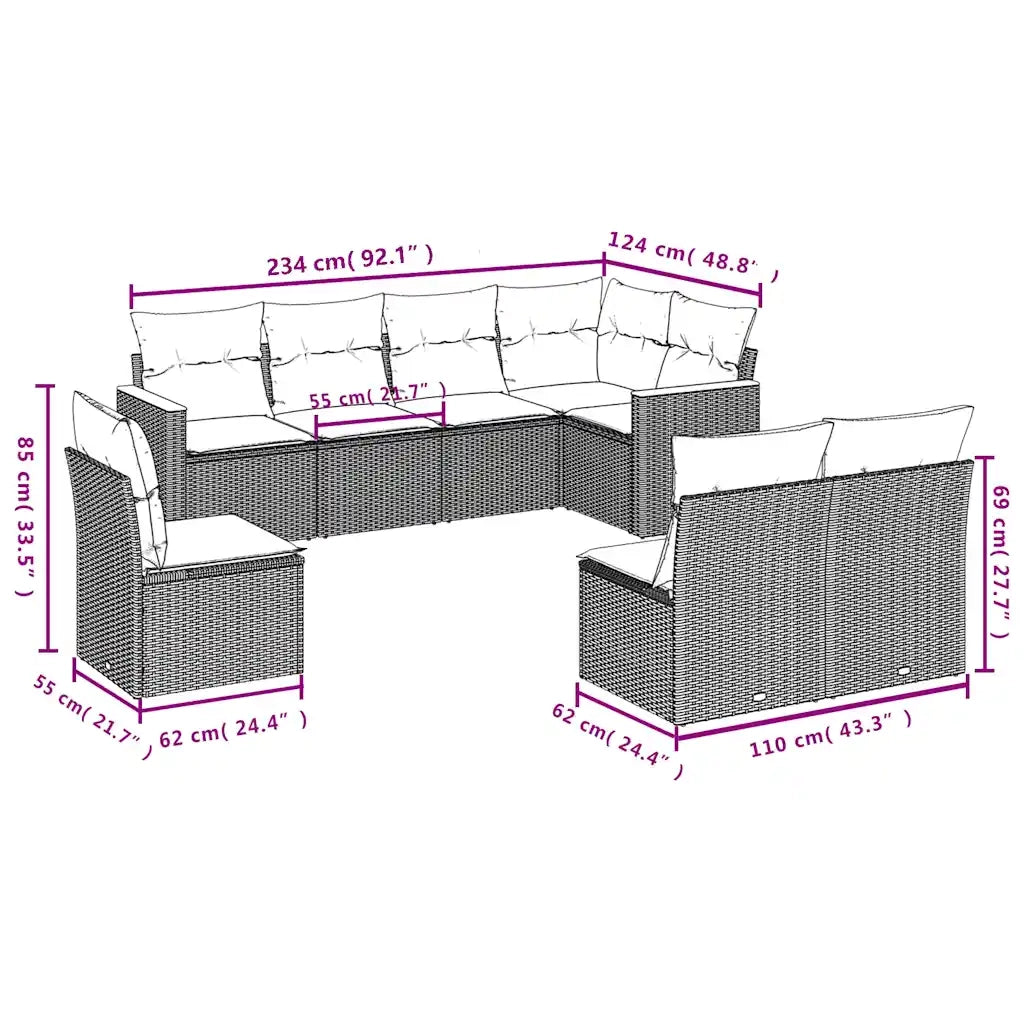 Set Divani da Giardino 8 pz con Cuscini Grigio in Polyrattan 3226047