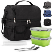 Borsa da Picnic 10L Tas Geïsoleerde Tas con Due Compartimenti, 2 Contenitori di Cibo e un Set di Cucchiaini per Uomini, Donne, Scuola e Ufficio (Nero, 2 Borse da Picnic)