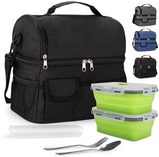 Borsa da Picnic 10L Tas Geïsoleerde Tas con Due Compartimenti, 2 Contenitori di Cibo e un Set di Cucchiaini per Uomini, Donne, Scuola e Ufficio (Nero, 2 Borse da Picnic)