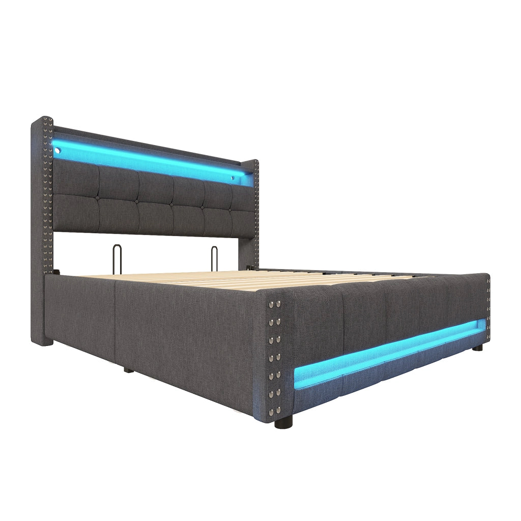 Letto matrimoniale imbottito 160x200 cm con LED, presa USB, testiera con ripiani e cassetti, tessuto effetto lino grigio